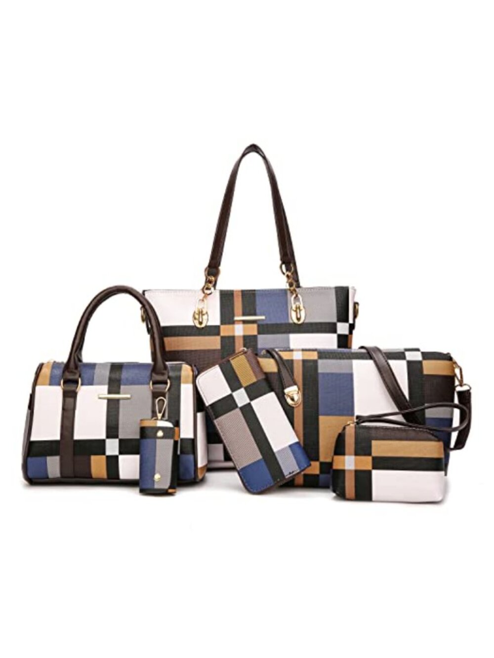 Faux Leather Satchel Shoulder Bag Set Top Handle Tote 6-in-1 Purse